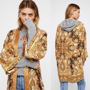 Free People All Yours Paisley Kimono Jacket XS Boho Layering Faux Suede